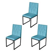 Kit 3 Cadeira de Jantar Escritorio Industrial Malta Capitonê Ferro Preto Suede Azul Turquesa - Móveis Mafer