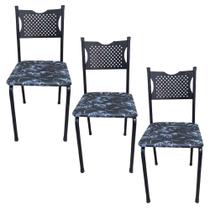 Kit 3 Cadeira para Cozinha MC Tubular Almofadada Estrutura Preta com Assento Floral
