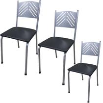 Kit 3 Cadeira Prata para Cozinha Jantar com Assento Preto
