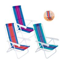Kit 3 Cadeira Reclinável 8 Posições Aço Listrada Para Praia Piscina Camping - Mor