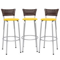 Kit 3 Cadeiras Alta 70cm Encosto Junco Argila Cozinha Varanda Estrutura Prata Balcão Bar Itagold