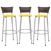 Kit 3 Cadeiras Alta 70cm Encosto Junco Argila Cozinha Varanda Estrutura Prata Balcão Bar Itagold