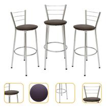 Kit 3 Cadeiras Alta Cromada Ideal Cozinha Gourmet Bancada Varanda Balcão Ilha Bar Piscina Área de Lazer