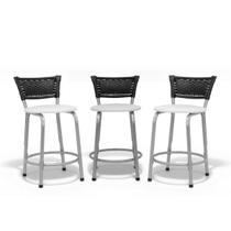 Kit 3 Cadeiras Alta Estrutura Prata Junco Preto Balcão Ilha Cozinha Área De Lazer Linha Banco Premium Itagold