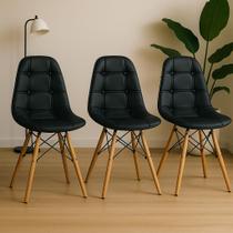 Kit 3 Cadeiras Charles Eames Eiffel Botone Base Madeira Preta Kit 3 Cadeiras Charles Eames Eiffel Botone Base Madeira Preta