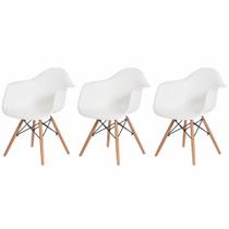 Kit 3 Cadeiras Charles Eames Eiffel Com Braço Branca Base Madeira