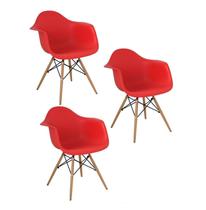 Kit 3 Cadeiras Charles Eames Eiffel Design Wood Com Braços - Vermelha