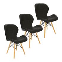 Kit 3 Cadeiras Charles Eames Eiffel Slim Wood Estofada Preta