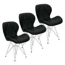 Kit 3 Cadeiras Charles Eames Slim Eiffel Base Metal Cromado - Preto