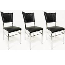 Kit 3 Cadeiras de COZINHA com reforço cromada assento preto fibra sintético preta - Poltronas do Sul