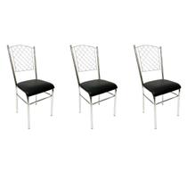 Kit 3 Cadeiras de Cozinha com reforço cromada encosto grade assento preto - Poltronas do Sul