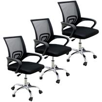 Kit 3 Cadeiras de Escritório Mesh Assento Estofado Base Giratória 9050 - Preta
