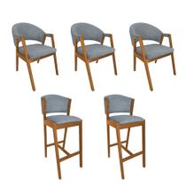 Kit 3 Cadeiras de Jantar Helen Madeira Maciça com 2 Banquetas Ana Cerejeira Premium Linho Cinza