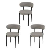 Kit 3 Cadeiras de Jantar Linho Cinza Camelia com Encosto Curvo Base Preta Moderna para Sala e Cozinha
