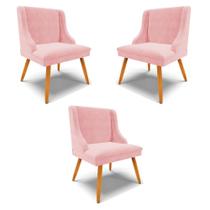 Kit 3 Cadeiras Decorativas Sala de Jantar Pés Palito de Madeira Firenze Suede Rosa Bebê/Natural G19 - Gran Belo