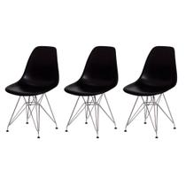 Kit 3 Cadeiras Eiffel Eames Preta Base Cromada Sala Cozinha Jantar