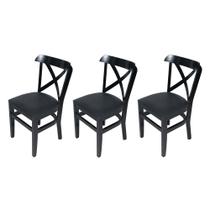 Kit 3 Cadeiras Fixas Merlim Pretas em Madeira Maciça Estofadas Pretas para Restaurantes