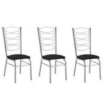 Kit 3 cadeiras gisele cromada com reforço-assento corino preto