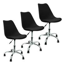 Kit 3 Cadeiras Home Office Leda Giratória, Base Cromada com Rodízios, Regulagem de Altura,Preto