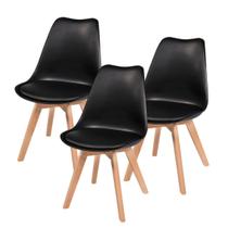 Kit 3 Cadeiras Leda Eames Saarinen Wood Com Almofada Preta