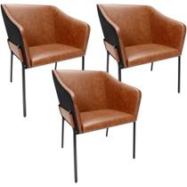 Kit 3 Cadeiras Para Sala De Jantar Estar Living Olívia L02 material sintético Camel Preto - Lyam Decor