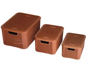 Kit 3 Caixa Baú Cesta Gaveta Organizadora Moderna Rattan Pmg-Marrom