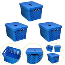 Kit 3 Caixa Cesto Organizador Multiuso Empilhável 17 L Azul