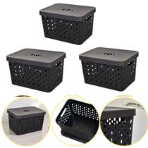 Kit 3 Caixa Cesto Organizador Multiuso Empilhável 17 L Preto Kit 3 Caixa Cesto Organizador Multiuso Empilhável 17 L Preto