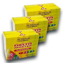 Kit 3 Caixa Giz Colorido Escolar Plastificado Antalérgico Delta Master Com 50 unidades Cada