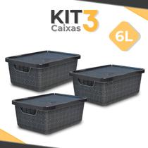 Kit 3 Caixa Organizadora 16 Litros Preta C/ Tampa Alça Cesto Telado Grande Armazenamento - Arqplast