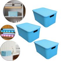 Kit 3 Caixa Organizadora 7 Litros Rattan Azul C/Tampa 123Organizei