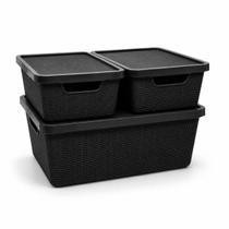 Kit 3 Caixa Organizadora Cesto com tampa grande Caixas em plástico 6L 16L Preto Kit 3 Caixa Organizadora Cesto com tampa grande Caixas em plástico 6L 16L Preto