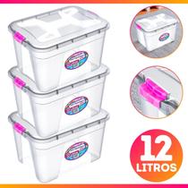 Kit 3 Caixa Organizadora Container 12 Litros C/ Tampa e Trava Kit 3 Caixa Organizadora Container 12 Litros C/ Tampa e Trava