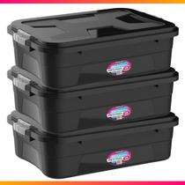 Kit 3 Caixa Organizadora Container 28 Litros C/ Tampa e Trava Preta Kit 3 Caixa Organizadora Container 28 Litros C/ Tampa e Trava Preta
