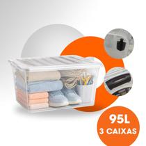 Kit 3 Caixa Organizadora Multiuso 95L Rodinha Transparente
