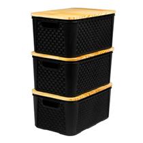 Kit 3 Caixas Cesto Organizador Rattan Preto Tampa Madeira Guarda Roupa Brinquedos - All Stock