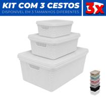 Kit 3 Caixas Cestos Organizador Armário Gaveta Tampa P M G