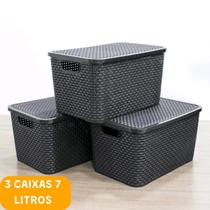 Kit 3 Caixas Com Tampa Organizadora Rattan Com Tampa 7 Litros Cor Preto