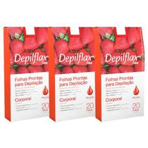 Kit 3 Caixas Folhas Prontas Cera Depilatória Depilação Corporal Depilflax Morango