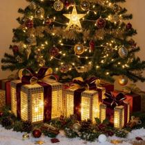 Kit 3 Caixas Led Presente Decoração Árvore Natal Laço Luxo