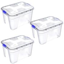 Kit 3 caixas Organizadora Multiuso Transparente 56 Litros Trava Azul