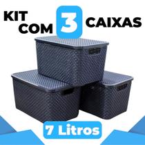 Kit 3 Caixas Organizadora Rattan com Tampa 7 Litros Preto Praticidade para Sua Organização