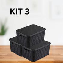 Kit 3 Caixas Organizadora Rattan com Tampa 7 Litros Preto Praticidade para Sua Organização