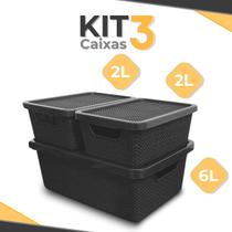 Kit 3 Caixas Organizadoras 16 Litros PPM 2L e 6L Pequeno e Médio Preto - Arqplast