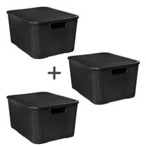 Kit 3 Caixas Organizadoras 20 Litros Preto ARQPLAST Caixa Plástica para Armário Guarda Roupa