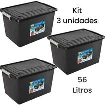 Kit 3 Caixas Organizadoras 56 Litros C Tampa e Trava Preta BRINQUEDO ESCRITORIO
