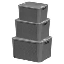 Kit 3 Caixas Organizadoras 5,8L 8,8L 17L Rattan Cinza