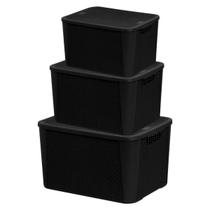 Kit 3 Caixas Organizadoras 5,8L 8,8L 17L Rattan Preta Organização