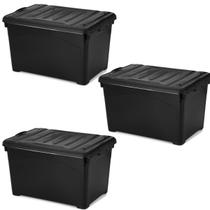 Kit 3 Caixas Organizadoras 65L Preta c/ Tampa Trava Rodinhas Reforçada