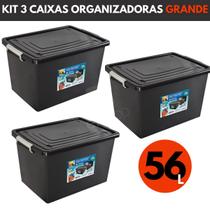 Kit 3 Caixas Organizadoras C/ Tampa e Trava 56 Litros Preta